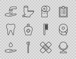 Set line Washing hands with soap, Round makeup mirror, Toilet paper roll, Toothbrush, Bottle of liquid antibacterial, Crossed bandage plaster and icon. Vector