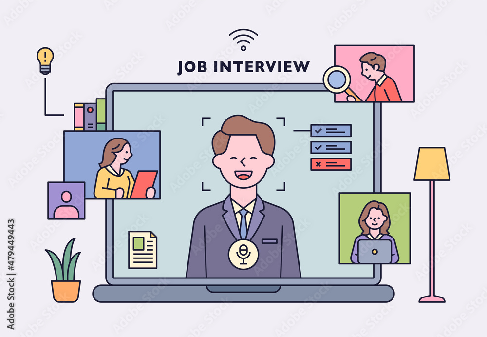 Poster online new employee interview. the face of the applicant is on the laptop screen, and the screen of 