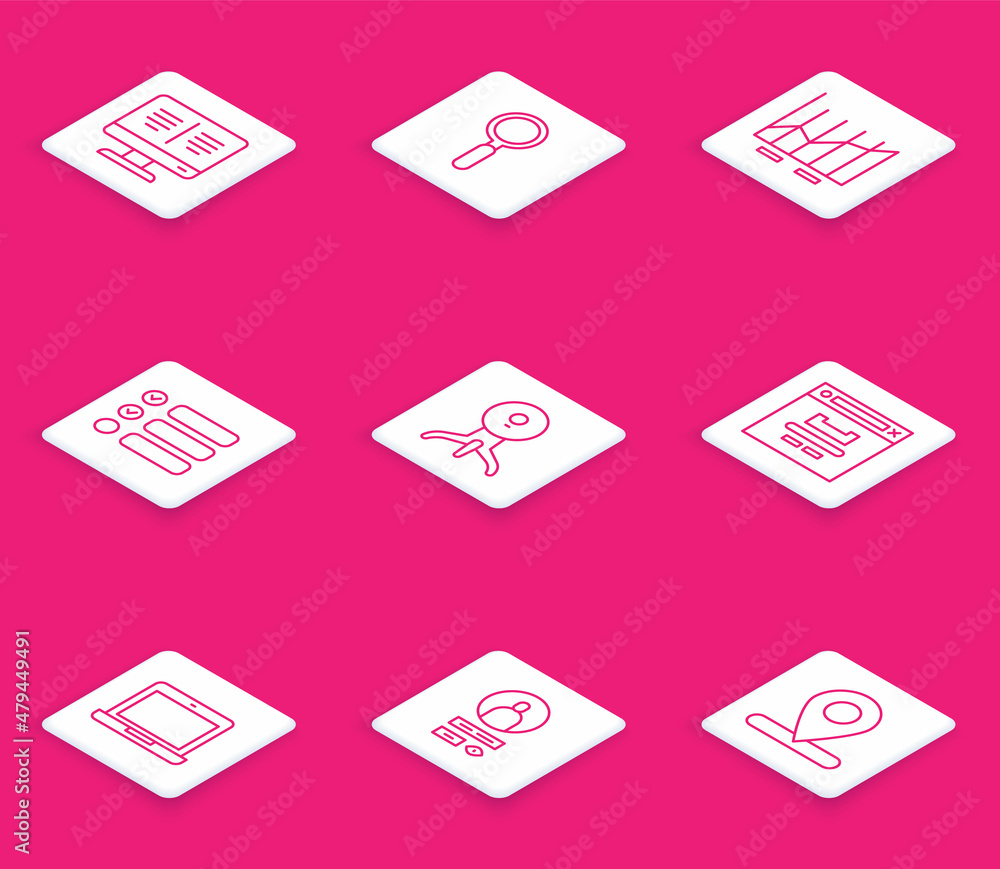 Poster set line online book on monitor, magnifying glass, pie chart infographic, task list, web camera, bro