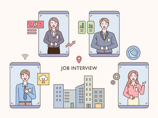 Candidates for a new company are interviewing on mobile. flat design style vector illustration.