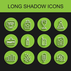 Set line Music equalizer, Firework, Location Vip, Ice cream, Musical note in speech bubble, Birthday cake candles, Greeting card and rocket icon. Vector