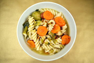 Brussels sprout, noodle soup, carrots and leek vegetables