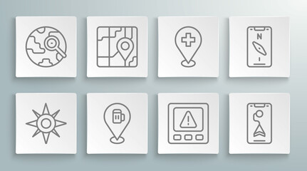 Set line Wind rose, City map navigation, Alcohol or beer bar location, Gps device error, Medical with cross, Compass mobile and Magnifying glass globe icon. Vector
