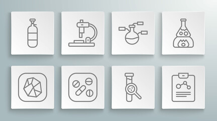 Set line Salt stone, Microscope, Medicine pill or tablet, Test tube and flask, Chemistry report, fire and Propane gas tank icon. Vector