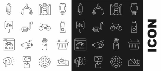 Set line Bicycle on street ramp, basket, Sunscreen cream in tube, Hiking backpack, pedal, parking, suspension and icon. Vector