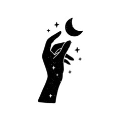 Fototapeta premium Celestial vector illustration. Mystical witchy woman hand with moon, stars. Esoteric spiritual symbol on white backrgound. Wicca occult concept for alchemy t shirt print, magic card, boho poster, logo