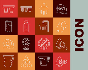 Set line Recycle clean aqua, Drop and magnifying glass, Water drop, Shower, Bottle of water, filter cartridge, and icon. Vector