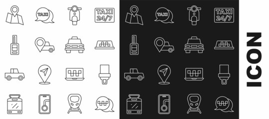 Set line Taxi call telephone service, Safety belt, car roof, Scooter, Location with taxi, Car key remote, Folded map location and icon. Vector