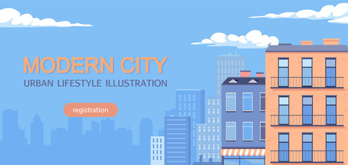 Fototapeta premium Modern city urban cityscape vector banner illustration. Blue color web banner template