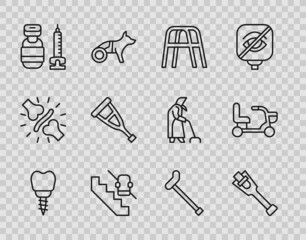Set line Dental implant, Prosthesis leg, Walker, Disabled elevator, Syringe, Crutch crutches, Walking stick cane and Electric wheelchair icon. Vector