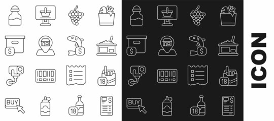 Set line Paper or financial check, Cigarettes pack box, Tin can with caviar, Grape fruit, Location Market store, Carton cardboard price, Spice and Price tag for fish icon. Vector