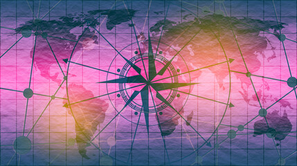 Compass symbol on geometry pattern with world map