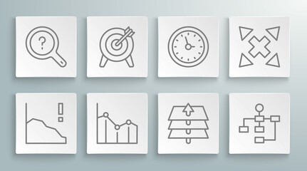 Set line Financial growth decrease, Target, Pie chart infographic, Layers, Hierarchy organogram, Clock, Many ways directional arrow and Unknown search icon. Vector