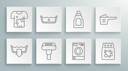 Set line Washing modes, Temperature wash, Garment steamer, Washer, Laundry detergent, Bottle for cleaning agent, powder and Dirty t-shirt icon. Vector