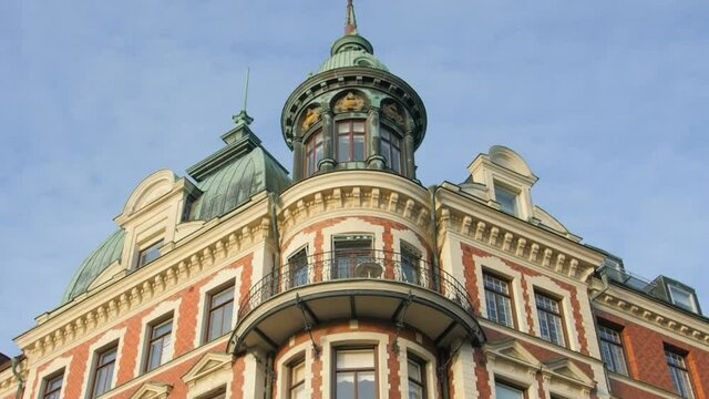 Close up low angle shot of beautiful historical building Strandv&auml;gen depicting stockholm architecture on Strandvagen street, Sweden.