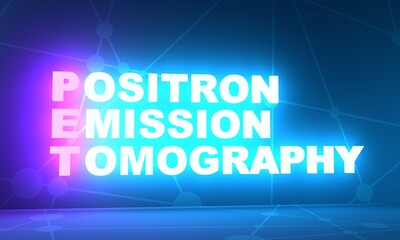 PET - Positron Emission Tomography acronym. Neon shine text. 3D Render