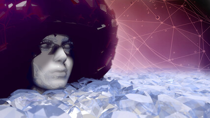 Fantastic fashion portrait of a young beautiful woman with transparent diamonds. 3D render