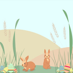 Happy Easter card with rabbits, eggs and space for text.