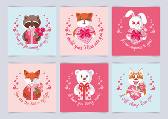 Fototapeta premium Set of Valentine's day greeting cards with a cute cartoon animals smling holding a box of chocolates and flowers, handwritten phrase. Valentine love heart backround, poster, print, gift
