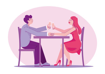 An elegantly dressed young couple having dinner in a restaurant. Lovers celebrate the holiday sitting at the table and drinking champagne. Vector illustration, character design, background isolated
