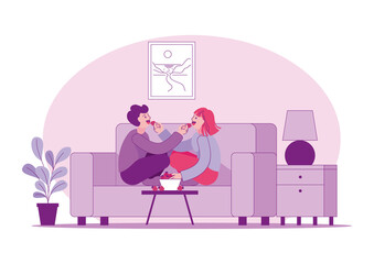Young happy couple having fun and feeding each other with strawberries while sitting on the sofa at home. Two personse leisure time together. Vector illustration isolated, cartoon character, backgroun