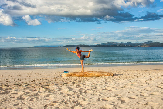 Yoga on Playa Conchal, a beach made of seashells, Guanacaste, Costa Rica