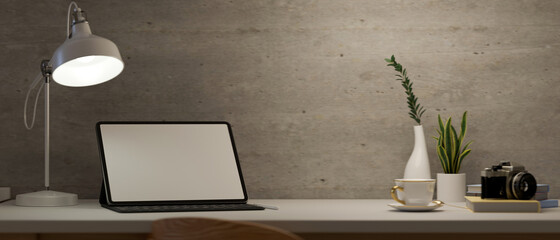Modern loft workspace with portable tablet touchpad mockup