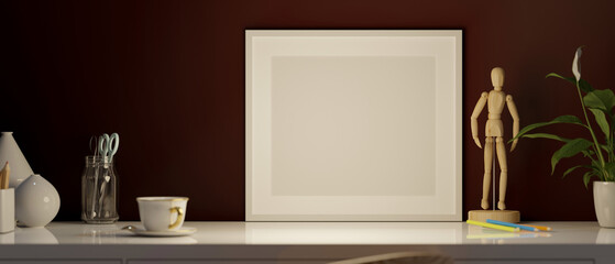 White blank frame mockup for display your picture on a table
