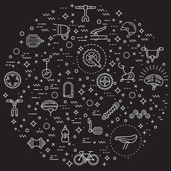 Simple Set of bicycle and bike Related Vector Line Illustration. Contains such Icons as sport, bike part, biking, exercise, vehicles, components, Helmet and Other Elements. 
