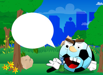 Soccer ball holding a test tube. Traditional football ball as a cartoon character with face.