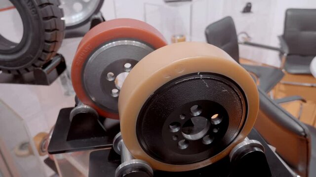 New, powerful rollers for heavy-duty industrial trolleys. Sectional cut is views the ball bearings ensuring the reliability and durability of the roller. Shot in motion