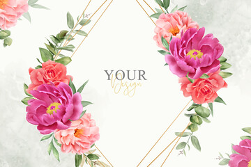 Elegant Watercolor Floral Frame Background Design with Hand Drawn Peony and Leaves