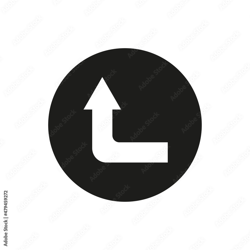 Poster corner left up arrow. black circle. direction sign. navigation concept. simple design. vector illust