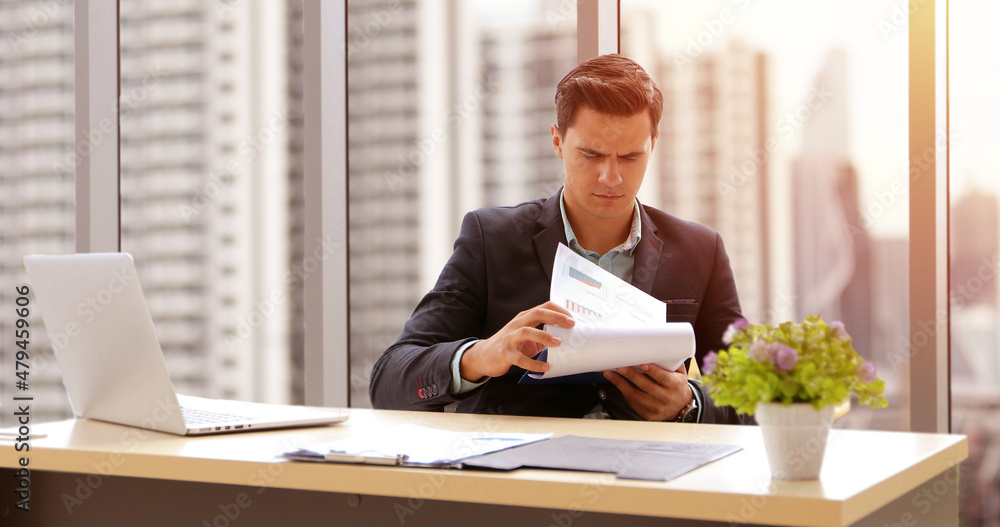 Poster business man and group using notebook for meeting and business men smiling happy for working