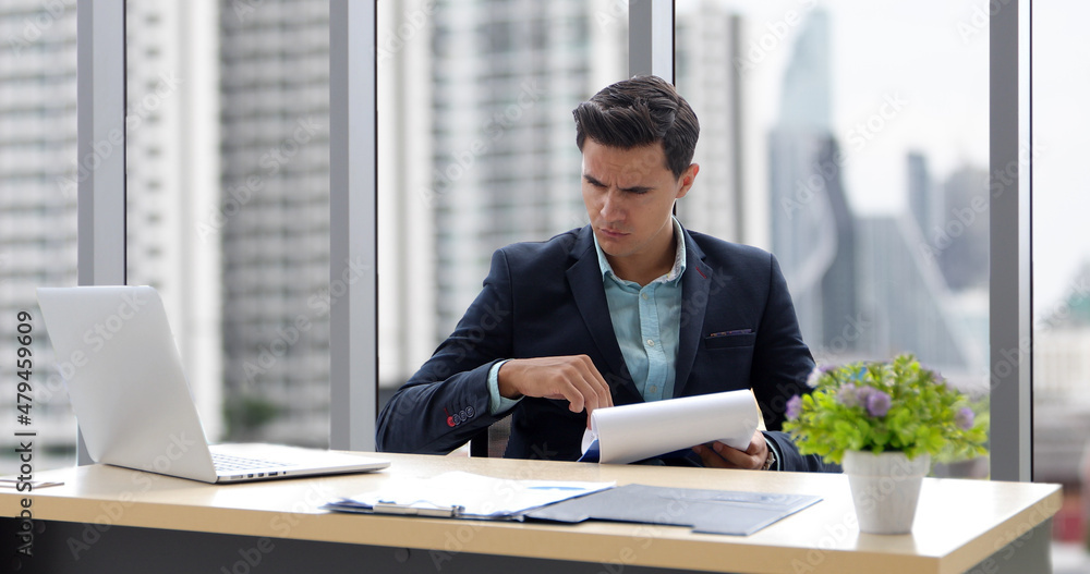 Poster business man and group using notebook for meeting and business men smiling happy for working