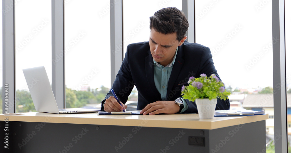 Poster business man and group using notebook for meeting and business men smiling happy for working