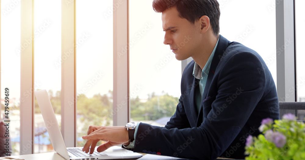 Poster business man and group using notebook for meeting and business men smiling happy for working