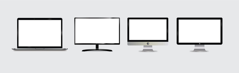 Realistic vector illustration. Device screens mockup. Monitor, laptop pro and thin, space gray colors with blank screens for your design 