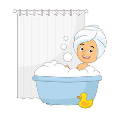 Naklejka premium Beautiful Girl Wash In Bath. Washing Woman In Foam.