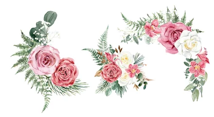 Fototapete Blumen Wasserfarbener Blumenstrauß mit weißen, staubigen rosa Rosen, Eukalyptus, Blumen, Orchideen, grünen Blättern. Für Einladungen, Hintergründe, Hochzeitssets, Mode, Scrapbooking, digitales Papier.