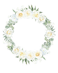 Set of watercolor floral frames, wreaths with white roses, eucalyptus, flowers, orchids, green leaves. For invitations, backgrounds, wedding sets, fashion, scrapbooking, digital paper.