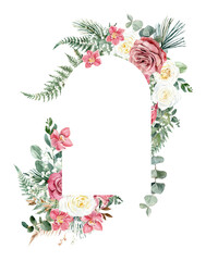 Watercolor floral frame, wreath with white, dusty pink roses, eucalyptus, flowers, orchids, green leaves. For invitations, backgrounds, wedding sets, fashion, scrapbooking, digital paper.