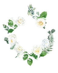 Set of watercolor floral frames, wreaths with white roses, eucalyptus, flowers, orchids, green leaves. For invitations, backgrounds, wedding sets, fashion, scrapbooking, digital paper.