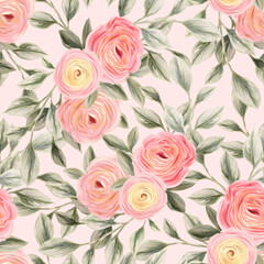 Spring flowers seamless pattern. Botanical background. Arrangement of pink and white wildflowers.