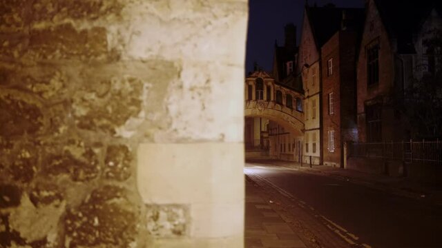Cinematic view of the Bridge of Sighs, also known as Hertford Bridge, in Oxford, England, UK, home to the University of Oxford,  the oldest university in the English-speaking world