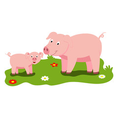 Cute cartoon illustration of mom and kids, farm animal pig and piglet. Vector isolated on a white background.