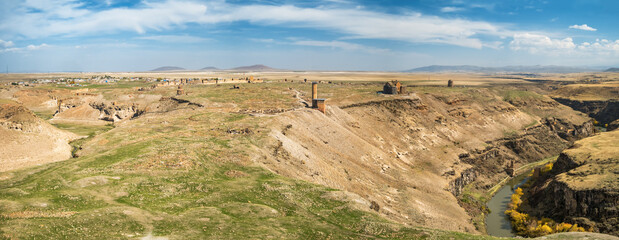 Big panorama of the Ani historical site in Eastern Anatolia, Turkey