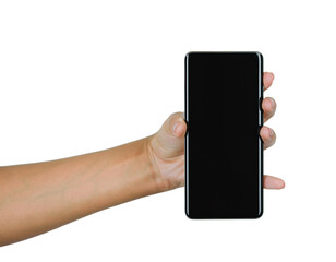 Woman hand holding phone on white background with copy space. Woman holding smartphone with black screen. Hand with blank cellphone display, close-up.