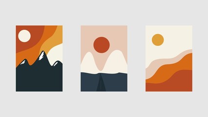 	
Collection of rectangular abstract landscapes. Sun, mountains, waves. Modern layouts, fashionable colors. Layouts for social networks, banners, posters. vector 