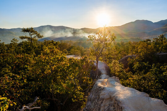 Pai Canyon during sunset in Pai Mae Hong Son Northern Thailand, Tourists enjoys the beautiful sunset at Pai Canyon, or Kong Lan how it calls in Thai. 